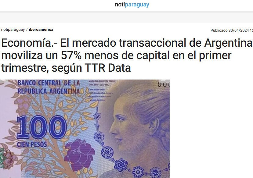 Economa.- El mercado transaccional de Argentina moviliza un 57% menos de capital en el primer trimestre, segn TTR Data